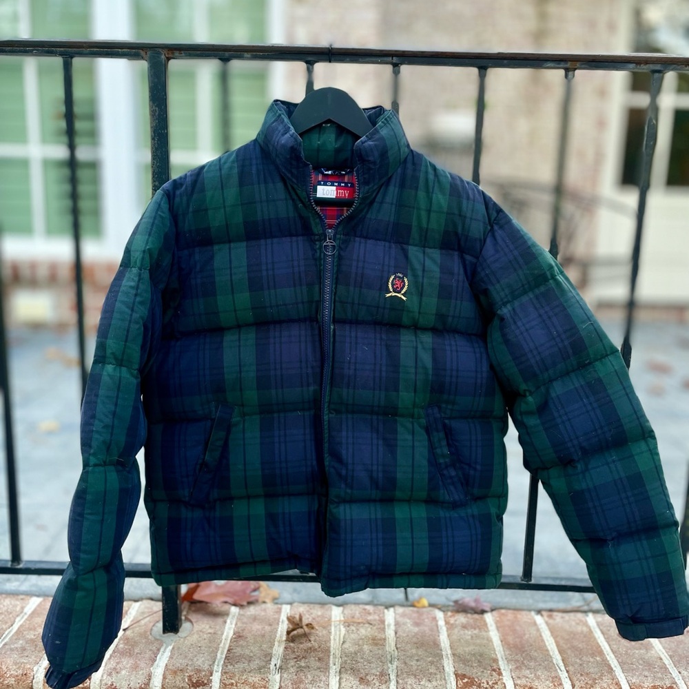 Early 90’s Vintage Tommy Hilfiger Women’s Green and Blue Plaid down Puffer coat